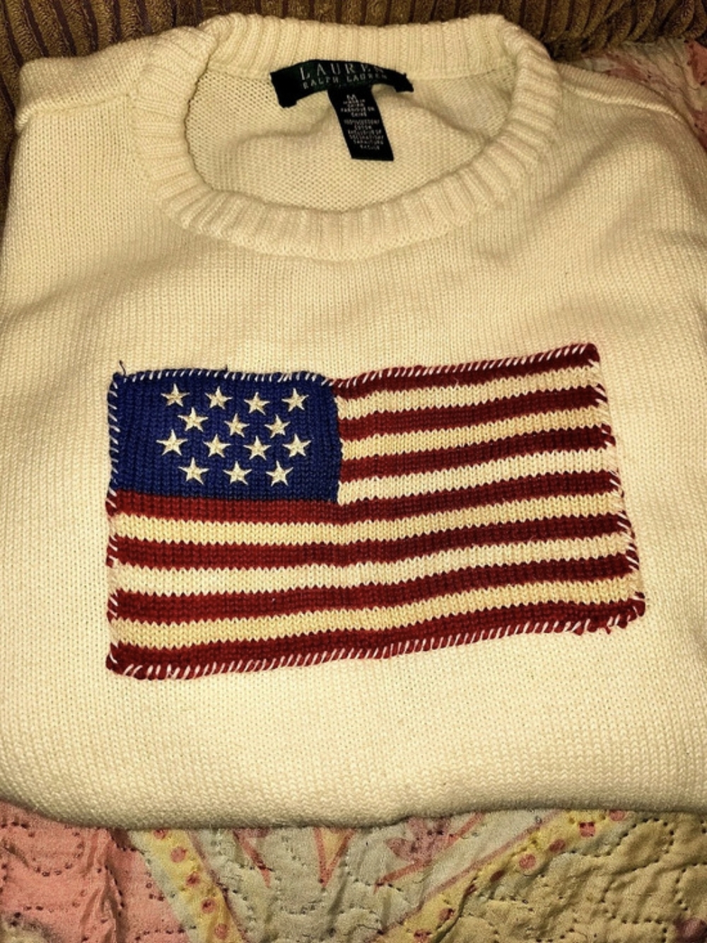 Lauren Ralph Lauren American Flag Cotton Sweater Cream & Blue Medium